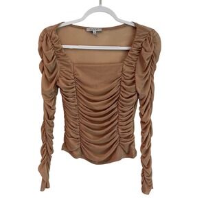 Story On Ruched Mesh Long Sleeve Square Neck Bodycon Top‎ Women's Size M